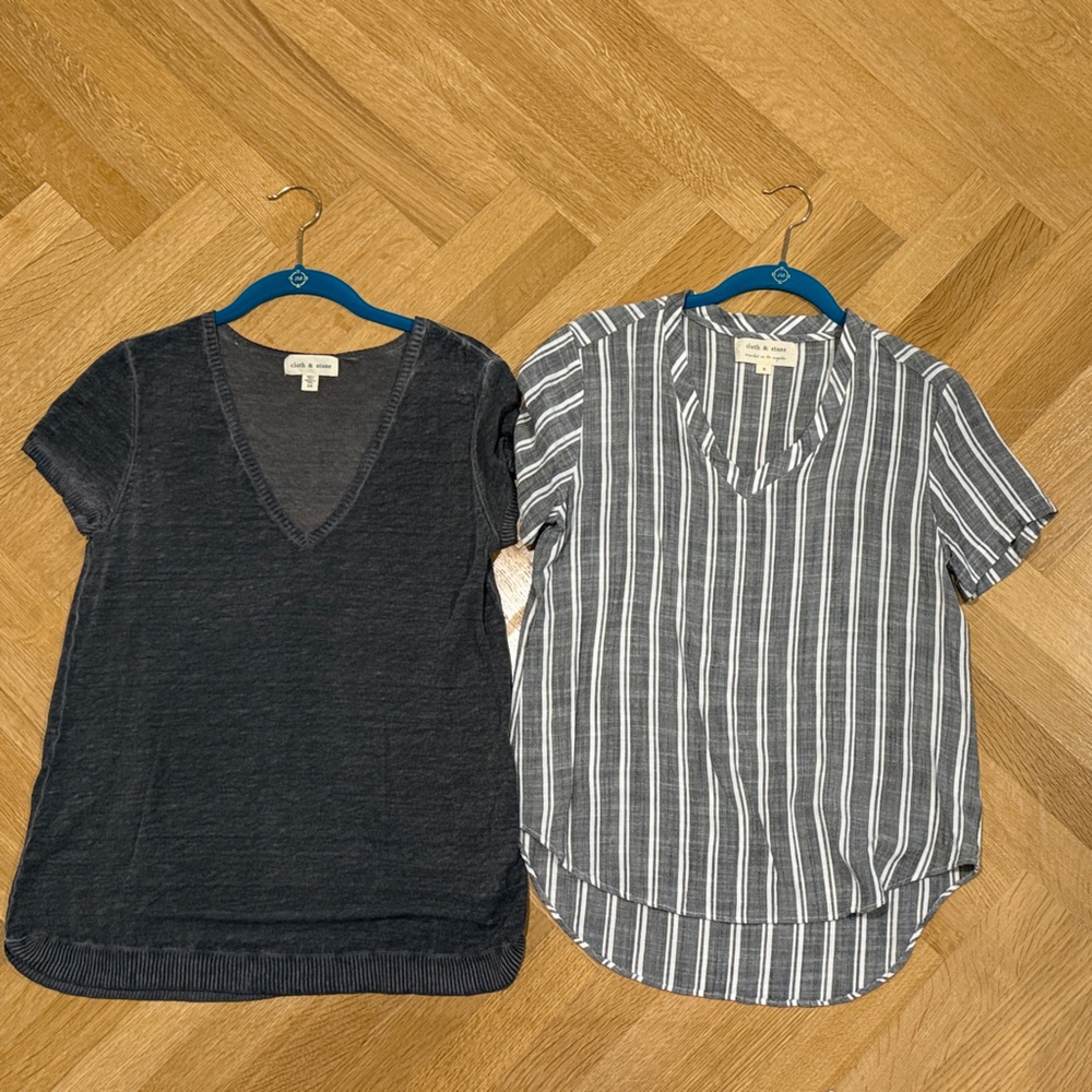 Set of 2: Women’s Cloth & Stone Gray and White Striped V-Neck Tops